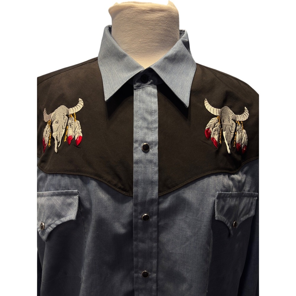 Vintage Ely Cattleman Western Mens XL Blue Excellent Embroidered Steer Skull